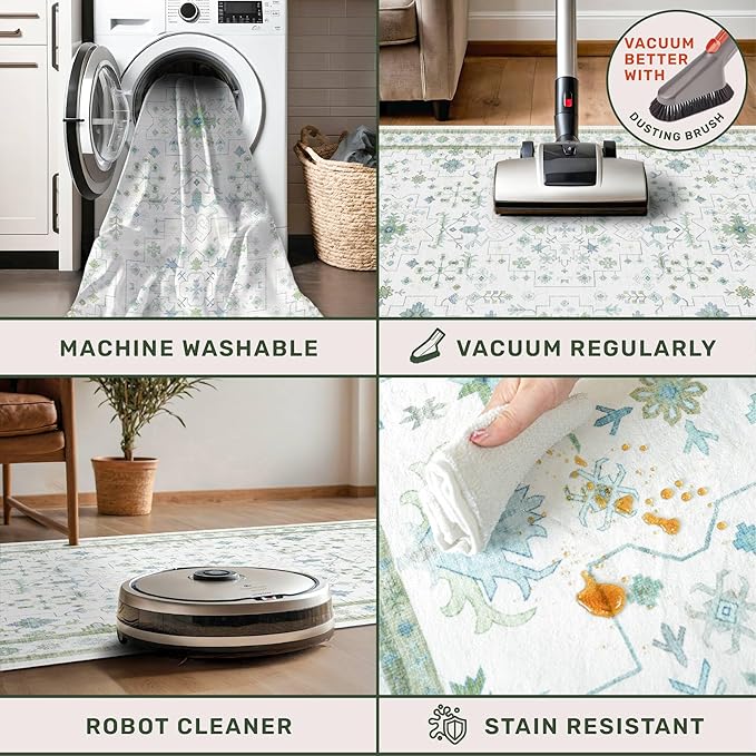Hazo Haus Washable Oushak 2x8 Bathroom Runner Rug - Vintage Turkish Floral 8ft Long Low Pile Non Slip Runners for Kitchen, Hallway - Cream Blue and Green