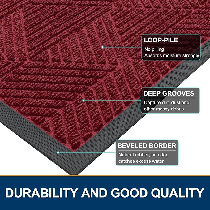 Smiry Front Door Mat Outside Entrance, Heavy Duty Sturdy Natural Rubber Doormat, Trap Dirt and Moisture, Easy Clean Low Profile Welcome Floor Mats for Indoor Outdoor Entry, 71x23 Inch, Wine Red
