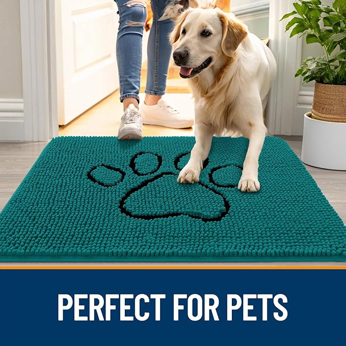 OLANLY Dog Door Mat for Muddy Paws 30x20, Paw Print Design, Absorbs Moisture and Dirt, Absorbent Non-Slip Washable Doormat, Quick Dry Chenille Mud Mat for Dogs, Entry Indoor Entryway Carpet, Lake Blue