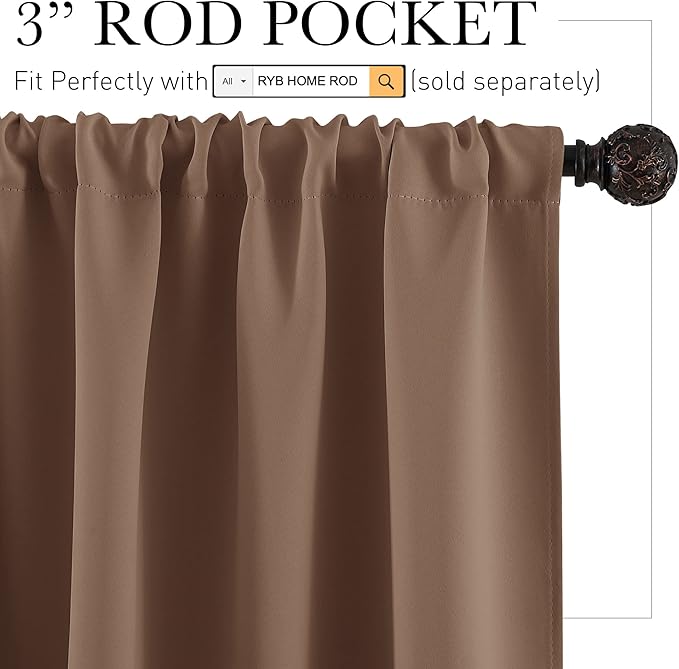 RYB HOME Half Curtain Tiers 36 inch Length, Rod Pocket Summer Heat Blocking Thermal Insulated Short Blackout Curtains for Small Window, Width 34 by Length 36, Mocha, 2 Panels