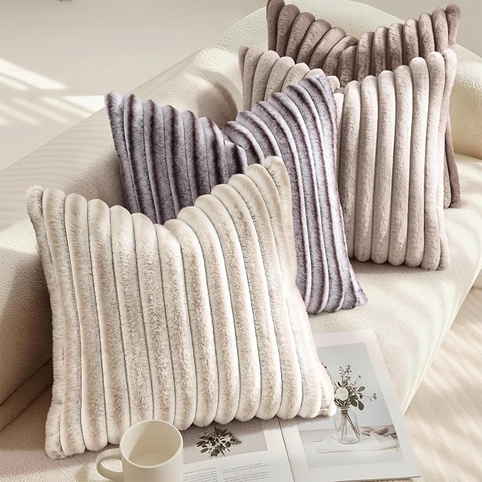 decorUhome Summer Cozy Faux Fur Throw Pillow Covers 20x20 Set of 2 Decorative Soft Plush Striped Modern Farmhouse Boho Couch Pillow Cases with Velvet Back for Sofa Bed Living Room, Beige White