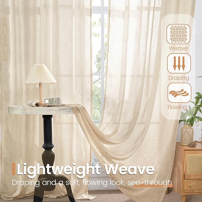 BGment 63 Inches Long Burlap Linen Semi Sheer Curtains for Living Room - Natural Tan Drapes Rod Pcoket Light Filtering Window Treatments for Farmhouse Bedroom Lightweight, 2 Panels Set, 52 X 63 Inch