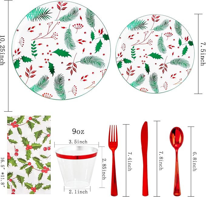 bUCLA 175pcs Christmas Plastic Plates - Christmas Plates Disposable with Red Silverware, Red Cups and Paper Napkins Berries and Holly Leaves for 25 Guests for Xmas Party