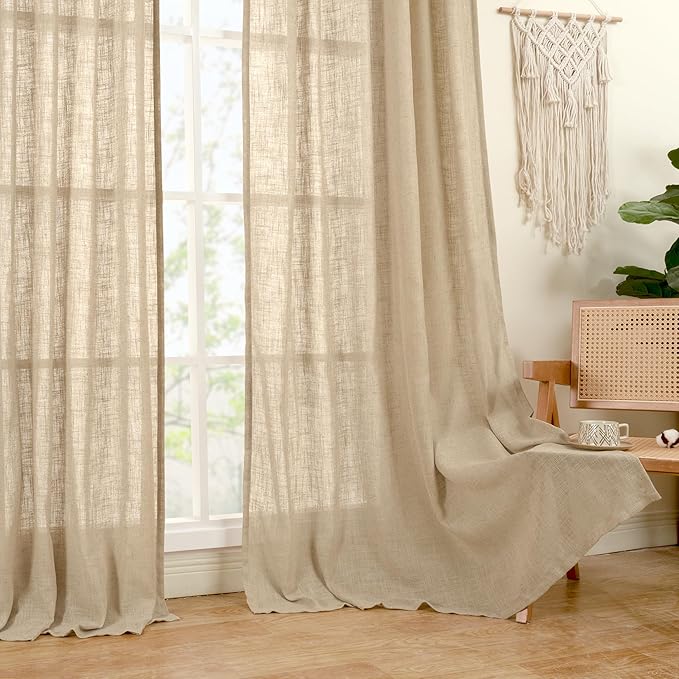 LAMIT Light Filtering Linen Curtains 78 inch for Bedroom, Faux Linen Textured Semi Sheer Back Tab and Rod Pocket Boho Modern Drapes for Living Room/Farmhouse, Brown, 2 Panels, 52 x 78 Inch