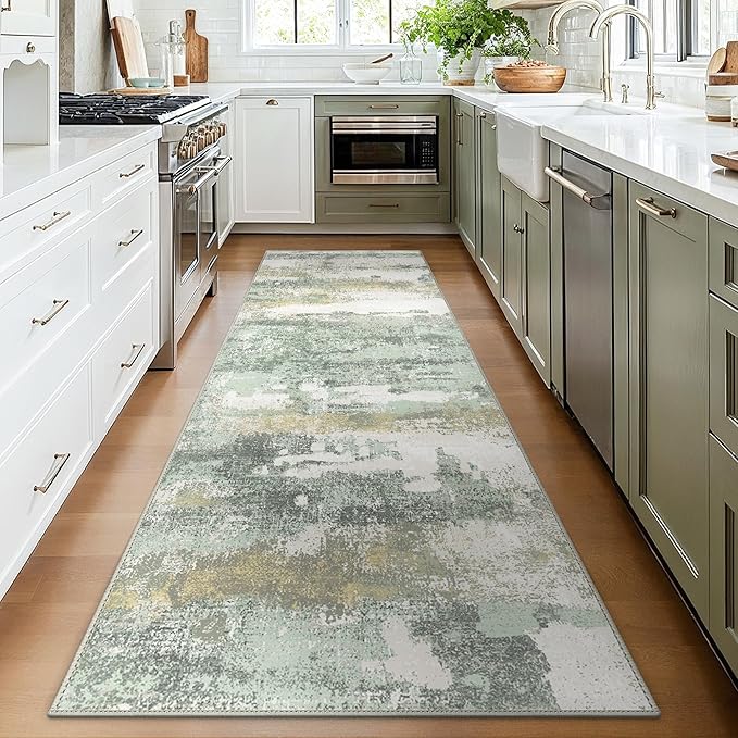 Runner Rug for Hallway Kitchen, 3x7 Machine Washable Runners Rug for Entryway, Soft Modern Abstract Throw Rugs, Low Pile Floor Cover with Non Slip Backing, Light Green