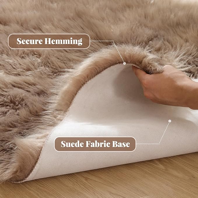 ORINOVA Beige Round Cozy 4ft Shag Rug Washable Furry Soft Area Rug for Living Room Bedroom Cute Nursery Decor Circle Carpet Faux Fur Fluffy Home Décor