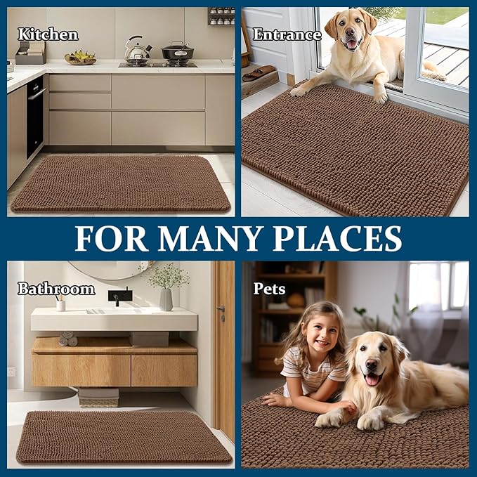OLANLY Dog Door Mat for Muddy Paws 59x32, Absorbs Moisture and Dirt, Absorbent Non-Slip Washable Doormat, Quick Dry Chenille Mud Mat for Dogs, Entry Indoor Entryway Carpet for Inside Floor, Mocha
