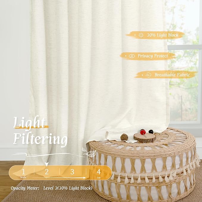 LAMIT Natural Linen Blended Curtains 63 Inch for Bedroom, Light Filtering Semi Sheer Living Room Curtains Farmhouse Boho Rod Pocket Privacy Drapes for Dining Room, 2 Panels (52 x 63 Inch, Cream)