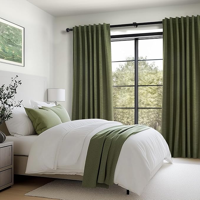 Green Blackout Curtains 95 Inches Long 2 Panels Set Room Darkening Vintage Farmhouse Country Linen Curtain Drapes for Bedroom Heavy Duty Thick Soundproof Viral Pleated Drapes(W52 x L95 Olive)