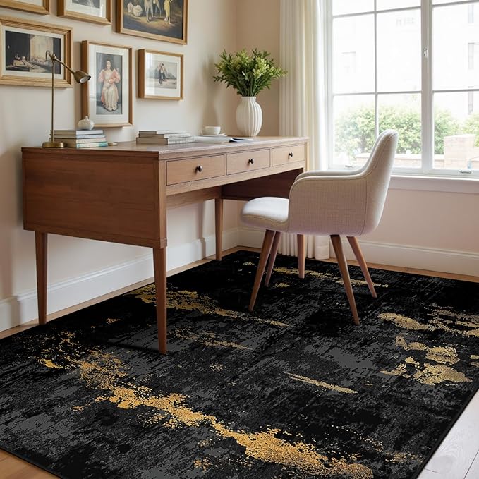 Washable Area Rugs 4x5 Non-Slip Modern Abstract Soft for Living Room Entryway Bedroom Nursery, Print Pattern, Dark Black Gold