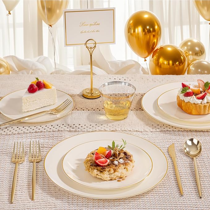 bUCLA 150PCS Ivory Plastic Plates with Gold Trim - Heavy Duty Cream Plastic Disposable for Party & Wedding - Include 25 Each（Dinner & Dessert） Plates, 25 Knives, 25 Forks, 25 Spoons & 25 Cups