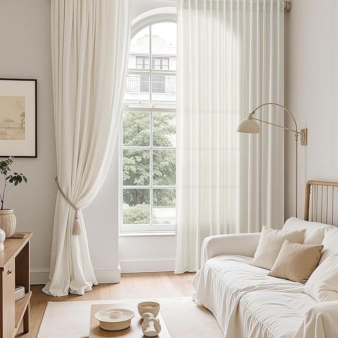 Nanspring Natural Linen Curtains 108 Inches Long for Living Room Light Filtering Sheer Curtains Back Tab and Rod Pocket Farmhouse Floor to Ceiling Curtain for Bedroom High Window 52x108, 2 Panels