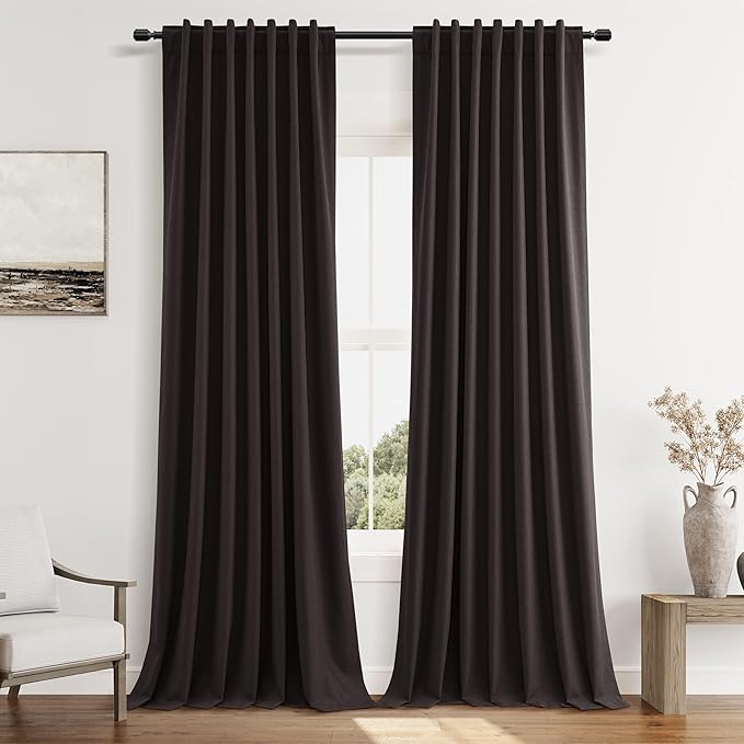 Guken 100% Blackout Curtains 84 Inch Length 2 Panels Set for Living Room Bedroom Back Tab Thermal Insulated Black Out Linen Drapes Room Darkening Cocoa Coffee,52x84