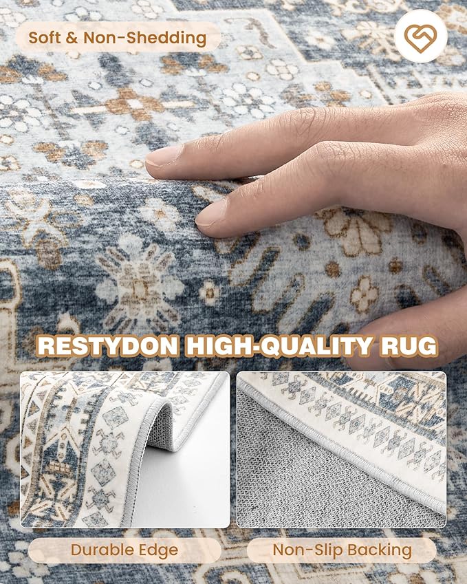 Hallway Runner Rug 2x12, Extra Long Washable Runner Rugs with Rubber Backing, Non Slip Runner, Vintage Rug Runners for Kitchen Laundry Room Entryway (Blue/Beige,2'x12')