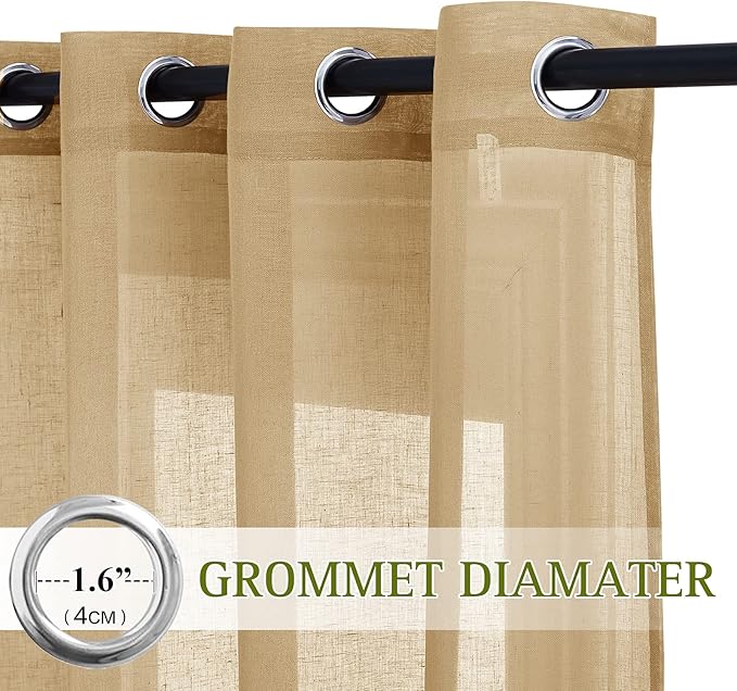 NICETOWN Sheer Linen Curtains for Sliding Glass Door, Grommet Semi Sheer Linen Blend Window Drapes Privacy with Light Filtering for Bedroom/Living Room, Camel, W70 x L84, 2 Panels