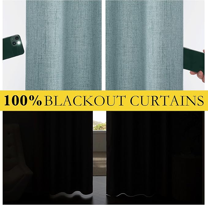 NICETOWN 100% Absolutely Blackout Linen Curtains with Thermal Insulated Liner, Skylark Blue, 52" Wide, 102" Length Energy Saving Curtains for Living Room 2 Panels Set, Vertical Blinds