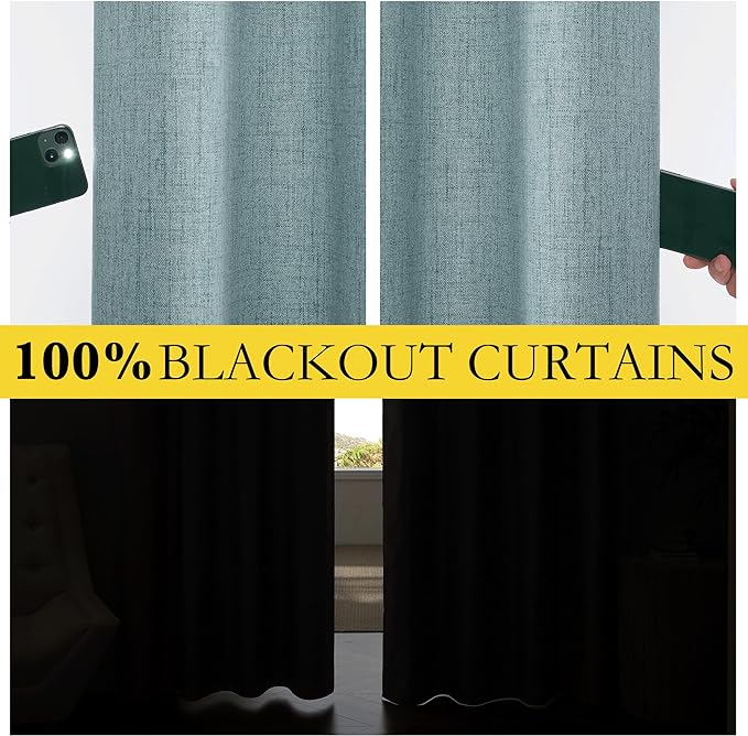 NICETOWN 100% Absolutely Blackout Linen Curtains with Thermal Insulated White Liner, Skylark Blue, 52 inches Wide, 84 inches Length Energy Saving Curtains for Living Room 2 Panels Set, Vertical Blinds