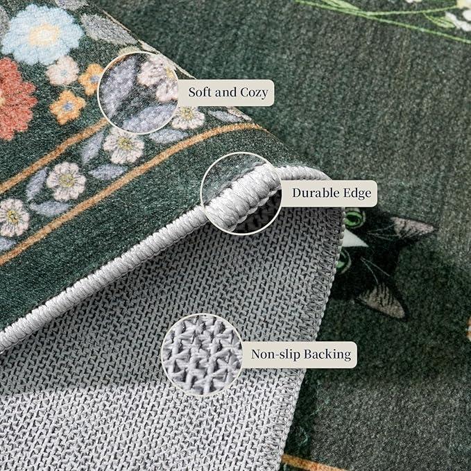 2x6 Washable Kitchen Runner Rug - Soft Low Pile Floral Animal Cat Print Rugs with Non-Slip Backing Waterproof Stain-Resistant Indoor Carpet for Hallway Entryway Bathroom Bedroom (Sage Green)