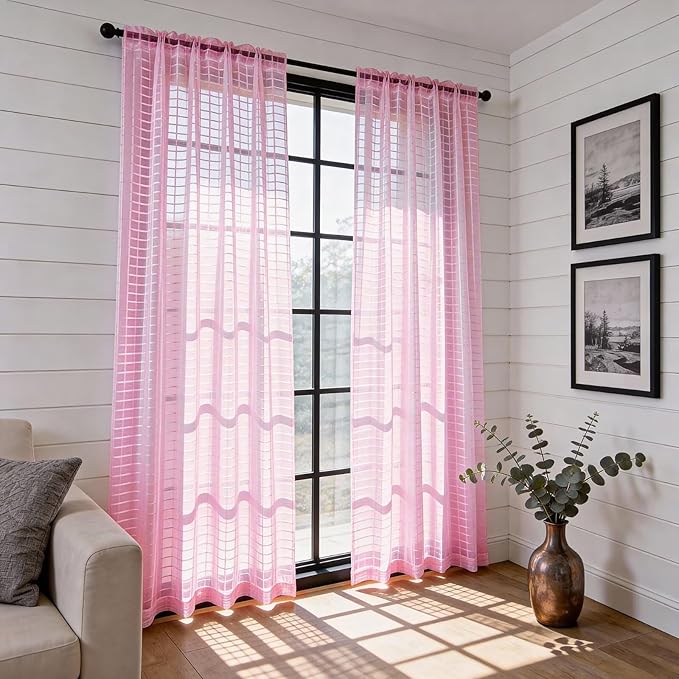 SpaceDresser Check Sheer Curtains 96 Inches 2 Panels Set, Rod Pocket Plaid Window Curtain for Living Room, Pink Semi Sheer Drapes for Kitchen Bedroom Children Room Yard（Pink, 52W x 96L）