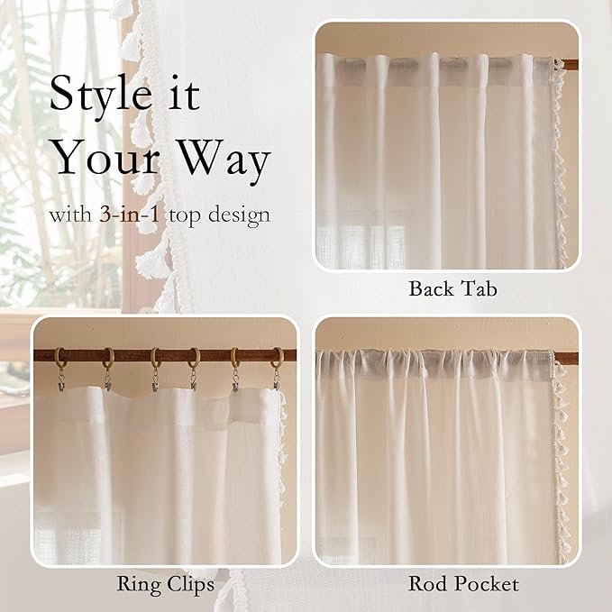 MYSKY HOME 84 inches Length White Curtains with Macrame for Living Room, Semi Sheer Farmhouse Style Light Filtering Back Tab Curtains for Sliding Glass Door, 50" Wide, Pure White，2 Panels