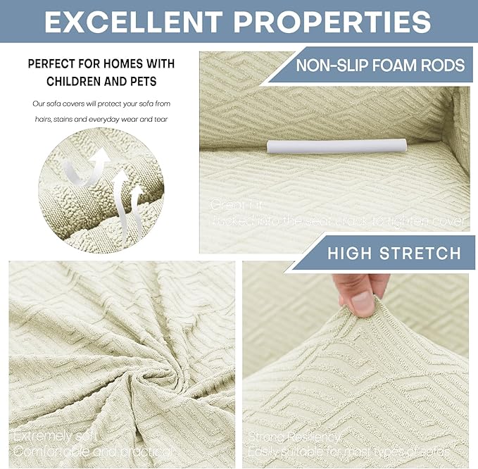 ZNSAYOTX 1 Piece Jacquard Couch Covers for 3 Cushion Couch Living Room High Stretch Sofa Cover Pets Dogs Friendly Anti Slip Thickened Slipcovers Furniture Protector (Large,New Pattern Light Beige)