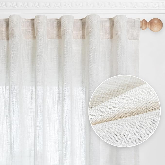 MYSKY HOME Extra Long Curtains for Living Room, Soft Cotton Fabric Boho Window Curtain Drapes Light Filtering Semi Sheer Backdrop Panels, Beige White, 50 x 102 Inches, 2 Pieces