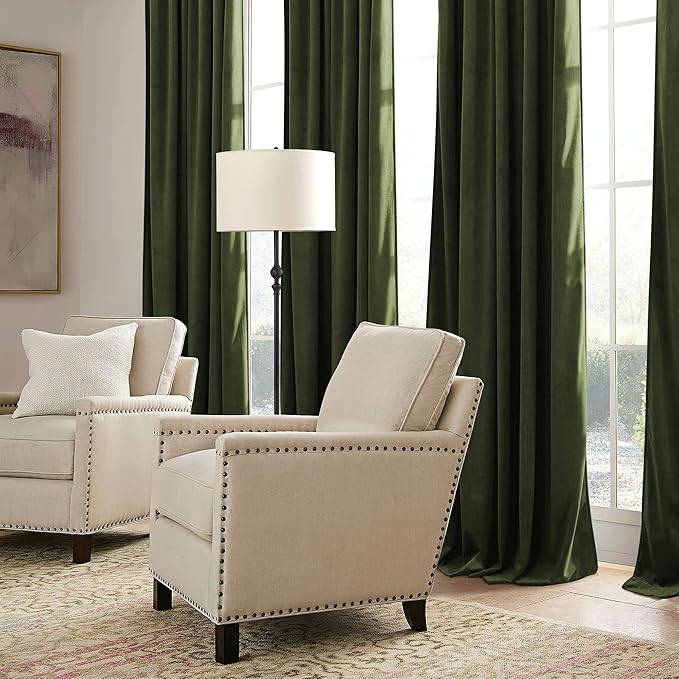 RYB HOME Olive Green Velvet Curtains 90 inches Long - Room Darkening Luxury Window Treatment Privacy Thermal Insulated Backdrops for Living Room, 52 inch x 90 inches, 2 Panels Set