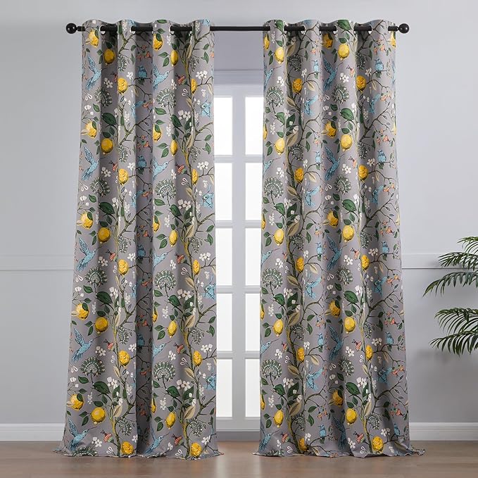Topfinel Black Dark Floral Grey Blackout Curtains, Gray Decorative French Country Grommet Dark Academia Antique Decor Hummingbird Window Covering for Living Room Bedroom Dining,84 Inch Length