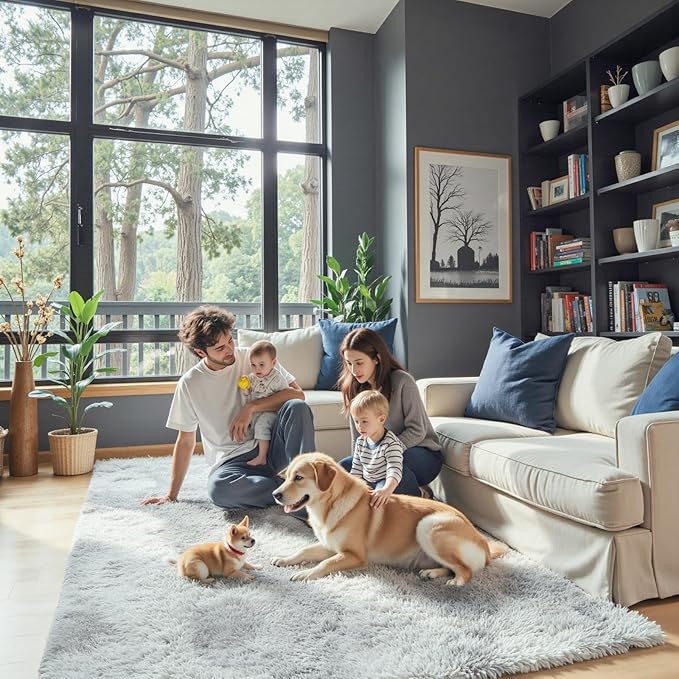 8x10 Area Rugs for Living Room Bedroom, Large Area Rug Shag Shaggy Carpet Soft Plush Furry Bedside Rug, Rugs for Home Decor (Light Grey Tie-Dyed, 8x10 Feet)