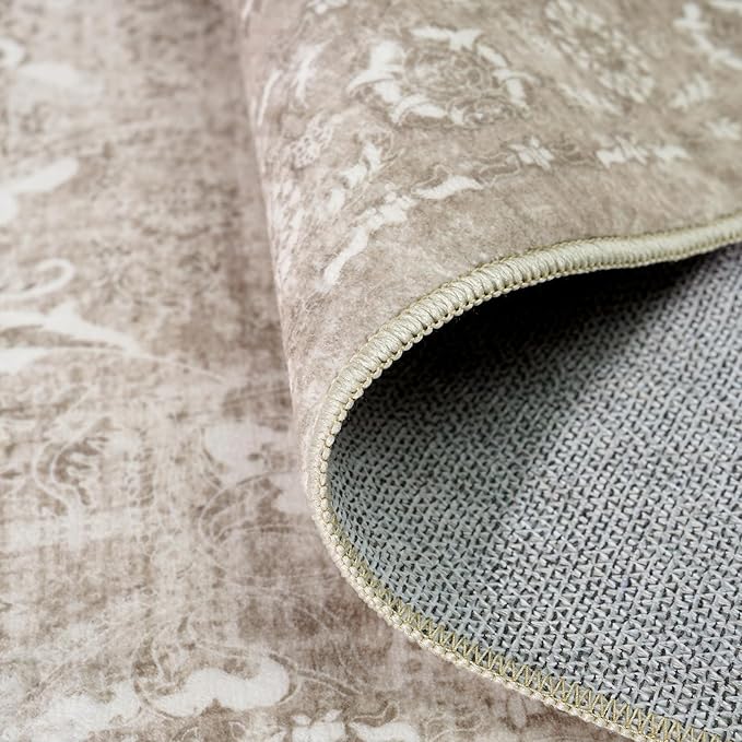 4x10 Washable Hallway Runner Rug - Wide Kitchen Runners Vintage Low Pile Carpet Soft Thin Floor Runner with Rubber Backing for Entryway Bedroom Living Room Home Decor (Beige)