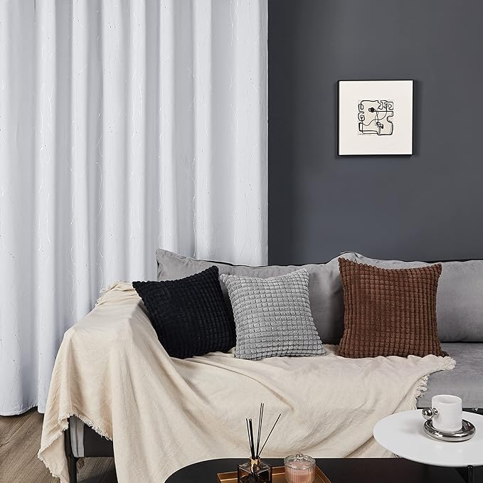 Deconovo Bedroom Curtains, Room Darkening Drapes, Thermal Insulated Soundproof Panel, Silver Wave Dot Print, 52 x 72 Inch, Machine Washable Window Panels for Living Room Home, Set of 2, Greyish White