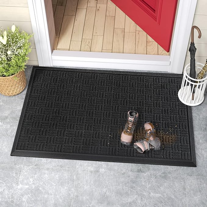 Mibao Front Door Mat Indoor Outdoor Entrance, Dirt Trapping Waterproof All-Season, All-Weather Doormat, Non-Slip Durable Natural Rubber Low Profile Easy Clean Patio Entrance Mat, 47" x 31.5", Black