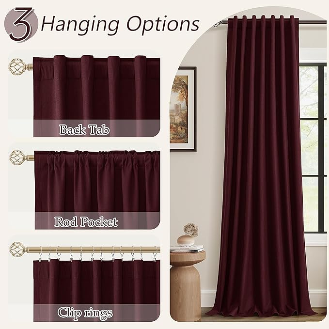 Guken 100% Blackout Curtains 90 Inch Length 2 Panels Set for Living Room Bedroom Back Tab Thermal Insulated Black Out Linen Drapes Room Darkening Window Curtains 90 Inches Long,Burgundy