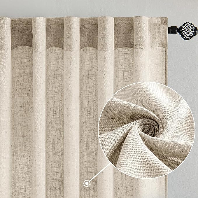 MIULEE Beige Linen Curtains 63 Inch Length 2 Panels for Bedroom Living Room, Soft Linen Textured Window Drapes Semi Sheer Light Filtering Back Tab Rod Pocket Farmhouse Modern Burlap Look Decor