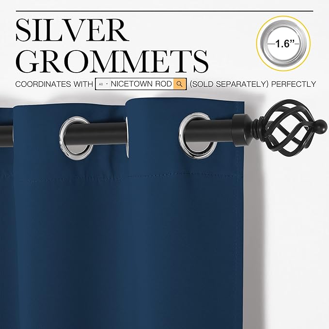 NICETOWN Moroccan Blue Kitchen Blackout Short Curtain Panels for Bedroom, 2 Panels, W42 x L45 -Inch, Thermal Insulated Grommet Top Blackout Draperies and Drapes