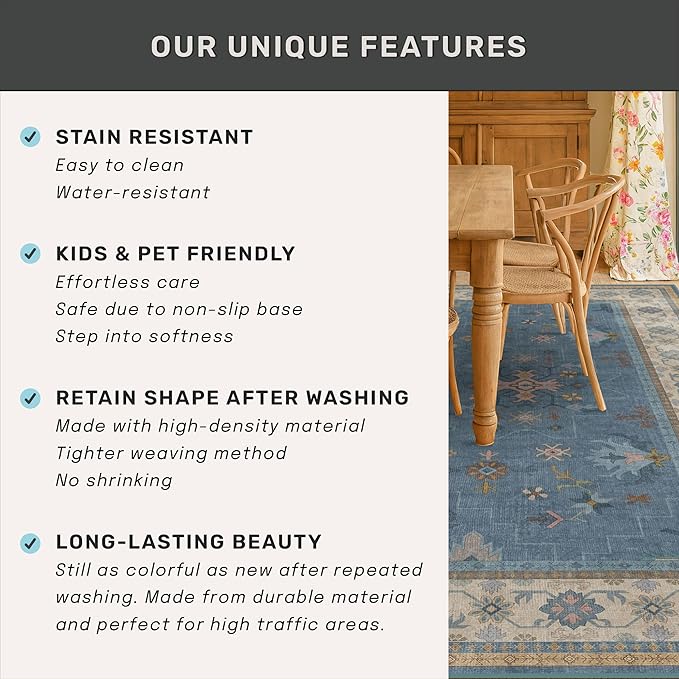 Hazo Haus Boho 9x12 Soft Rugs for Living Room - Dark Blue Rugs for Bedroom Aesthetic, Dining Room Under Kitchen Table, Washable Soft Non Slip Large Area Eclectic Unique Décor