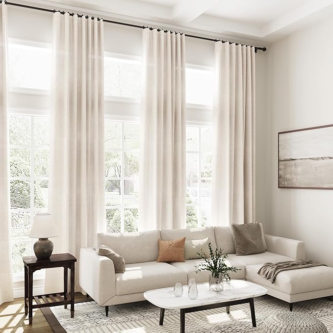 Long Curtain 105 inches Long 2 Panels Set Back Tab Beige Linen Drapes for Living Room Neutral Farmhouse Light Filtering Semi Sheer Linen Curtains 105 inch Length for Large Window Tan