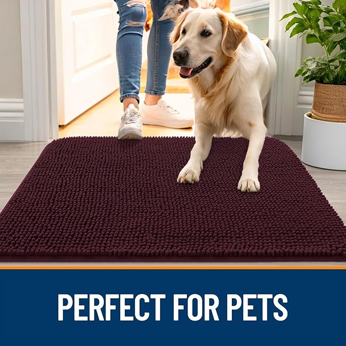 OLANLY Dog Door Mat for Muddy Paws 40x32, Absorbs Moisture and Dirt, Absorbent Non-Slip Washable Doormat, Quick Dry Chenille Mud Mat for Dogs, Entry Indoor Entryway Carpet for Inside Floor, Russet