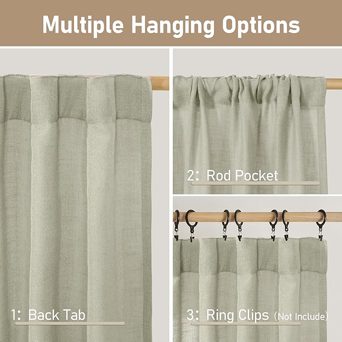 LAMIT Sage Grey Linen Curtains 90 Inch for Living Room, Back Tab and Rod Pocket Linen Textured Farmhouse Curtains Light Filtering Drapes for Bedroom/Dining Room, Set of 2, 52 x 90 Inch