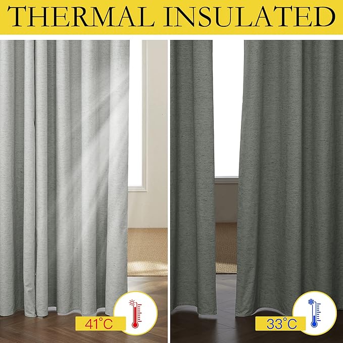 NICETOWN Grey Long Linen Full Shade Panels, 52" Wide x 120" Long, Pair of Thermal Insulated & Energy Efficiency Blackout Curtains for Living Room Windows, Lined Silky Performance Window Dressing