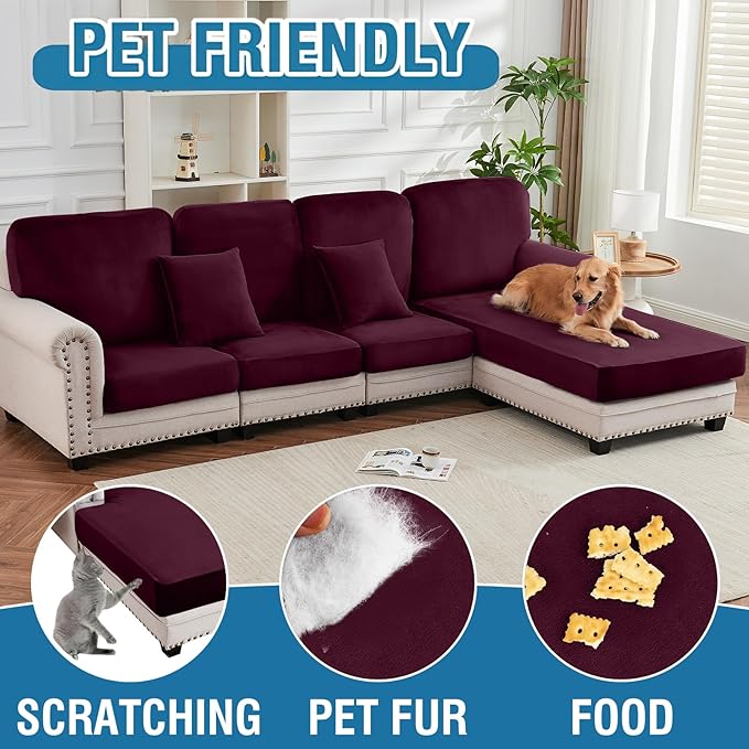 Couch Cover 4-Piece Elastic Velvet Couch Cushion Covers & Chaise Slipcovers for L-Shaped Sofas, Sofa Seat Covers Washable, Soft Cover for Couches (3 Seater + Chaise, Wine)