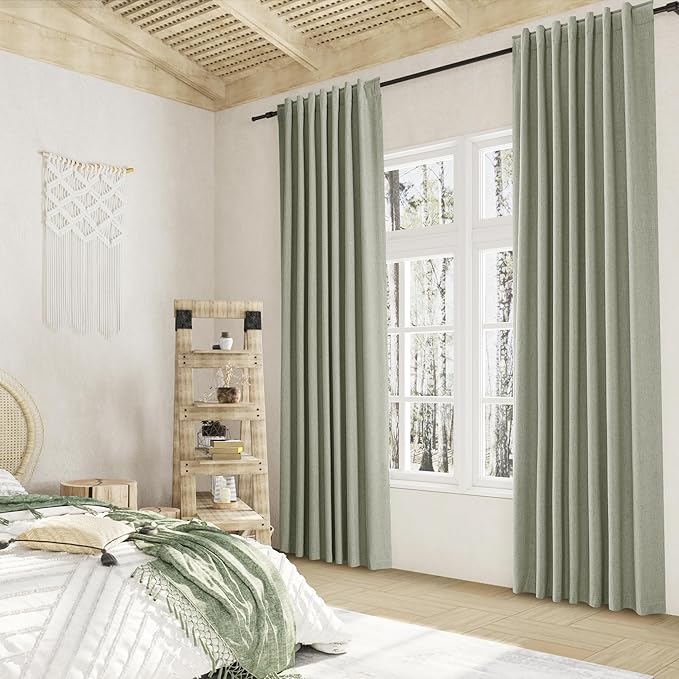 Sage Green 100% Blackout Linen Curtains 100 Inch Length 2 Panels Set for Living Room Bedroom Back Tab Thermal Insulated Black Out Drapes Room Darkening Farmhouse Style for Bedroom Window Curtains