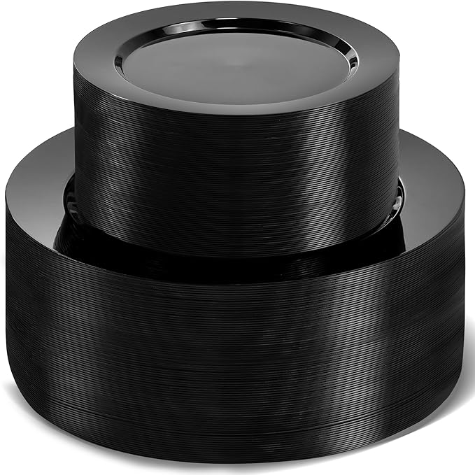 200 PCS Black Plastic Plates, Plastic Black Disposable Plates Include 100 10 inch Dinner Plate and 100 7 inch Dessert Plate,black plates Perfect for New Year Party, Wedding