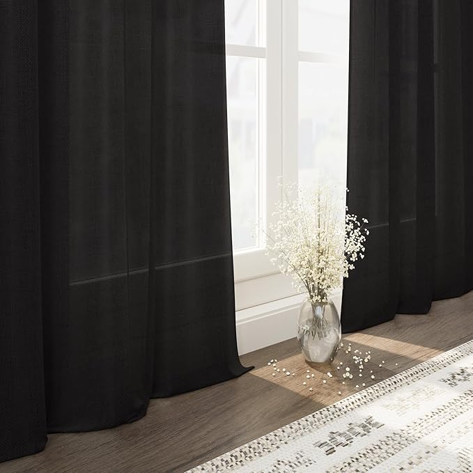 Vintage Black Linen Curtains for Living Room 120 Inches Long Light Filtering Semi Sheer Curtain Back Tab Floor to Ceiling High Window Gothic Vintage Decor Drapes for Bedroom Office 52x120,2 Panels
