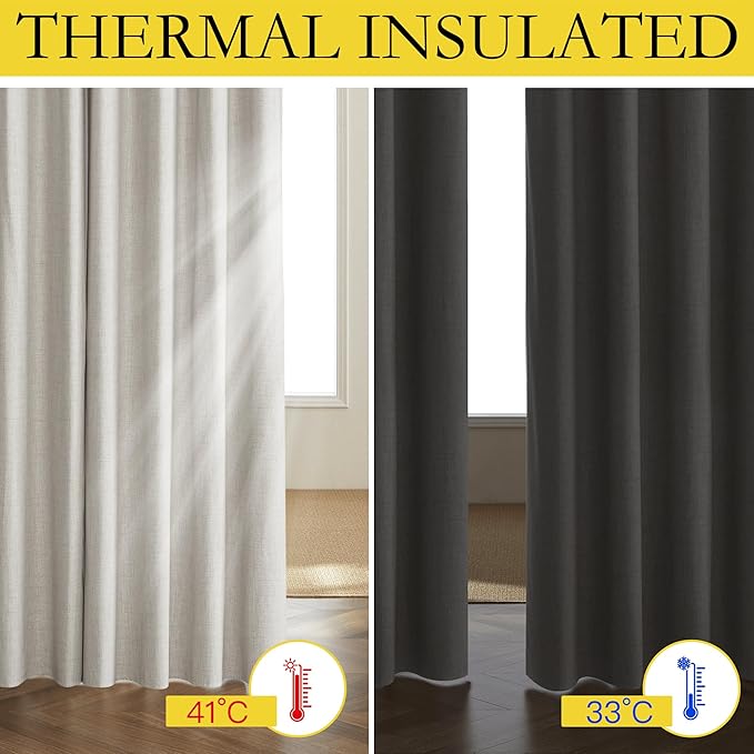 NICETOWN Snowbound Vintage Linen 100% Blackout Curtains for Living Room, Thermal Insulated Curtains 72" Long, Noise Reducing Window Treatment Drapes for Hall Room, 52" Wide Per Panel, Set of 2
