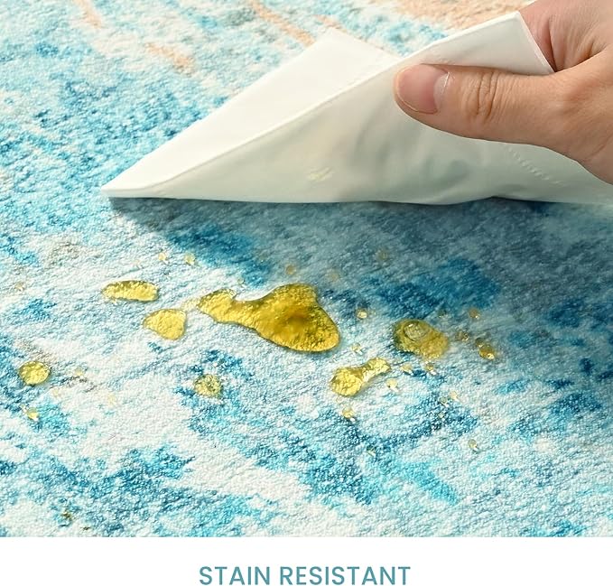 Ompaa Living Room Rug 5x7 Teal Blue Area Rug Machine Washable Boho Rug Non Slip Abstract Vintage Indoor Large Rugs for Bedroom, Classroom, College Dorm, Farmhouse, Dining Room, Kids Playroom