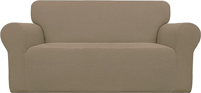 Easy-Going Stretch Oversized Loveseat Slipcover 1-Piece Sofa Cover Furniture Protector Couch Soft with Elastic Bottom for Kids Polyester Spandex Jacquard Fabric Small Checks Tan