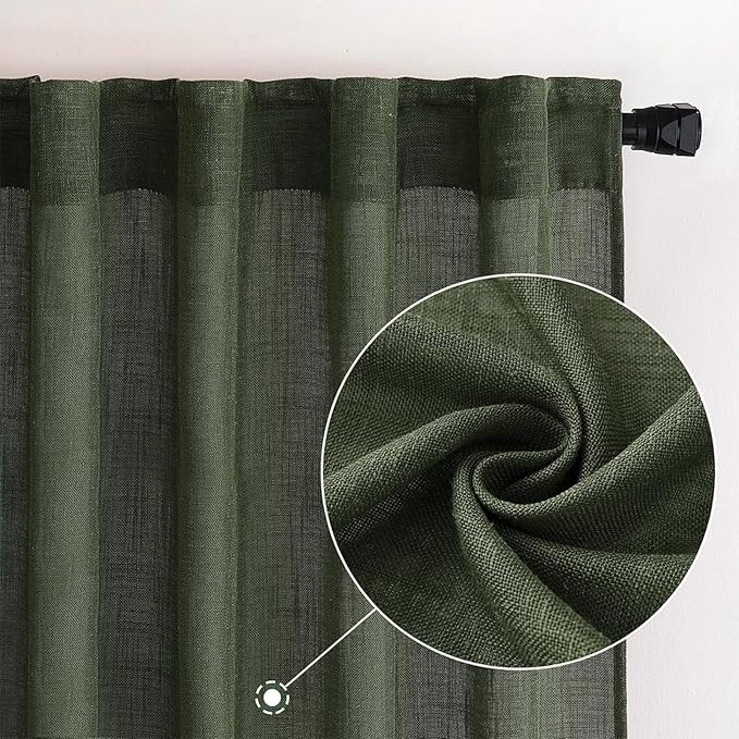 MIULEE Olive Green Linen Curtains 84 Inch Length for Bedroom Living Room, Soft Thick Linen Textured Window Drapes Semi Sheer Light Filtering Back Tab Rod Pocket Burlap Look, 2 Panels, 37x84 Inches