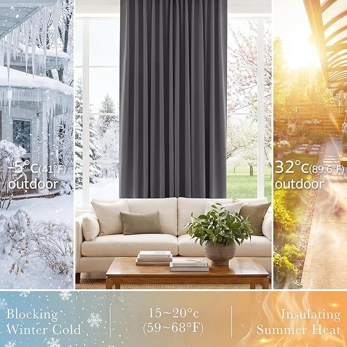 PONY DANCE Gray Short Blackout Curtains for Bedroom, Back Tab & Rod Pocket Solid Thermal Insulated Light Blocking Drapes for Kitchen/Bathroom/Basement Small Window, 42 W x 45 L, Grey, 2 Panels