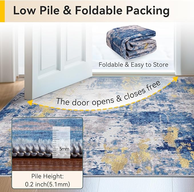 Washable Area Rugs 6ft Non-Slip Modern Abstract Soft for Living Room Entryway Bedroom Nursery, Print Pattern, Grey Blue Gold/Golden